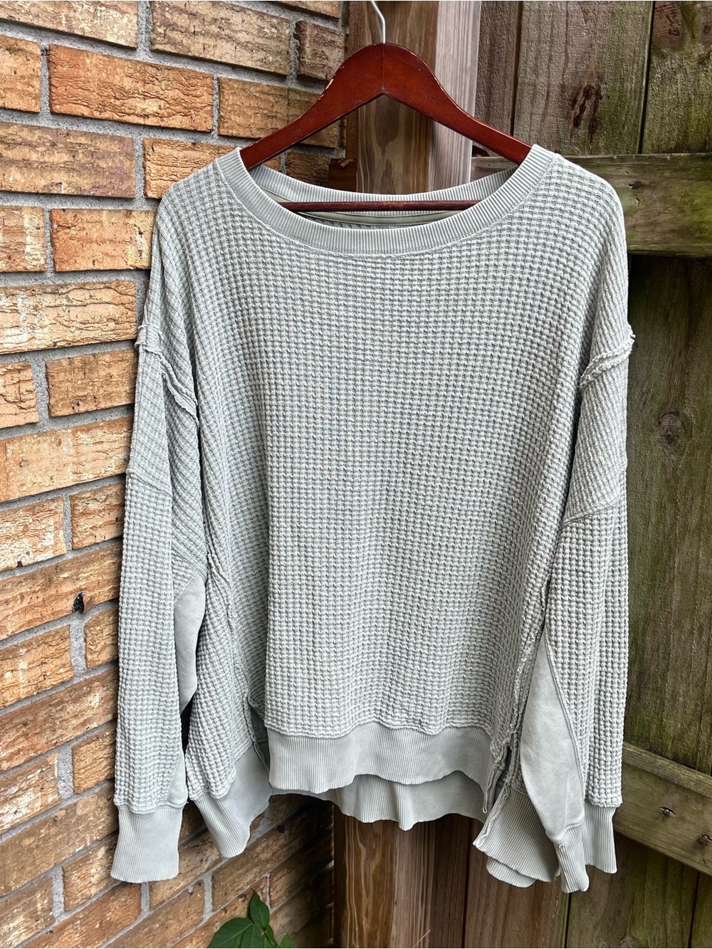 American Eagle Outfitters Oversized Light Sage Waffle-Knit Pullover